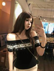 露肩彈性修身對比色針織短版T恤，貼身女款針織上衣黑色夏季 - 黑色 - 查看 1