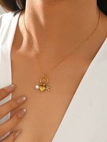 LIEBEIRIS 1 pieza Collar de acero inoxidable con corazón, cruz y perla chapado en oro de 18K para mujer, adecuado para uso diario y como regalo - Amarillo Oro - Ver 3