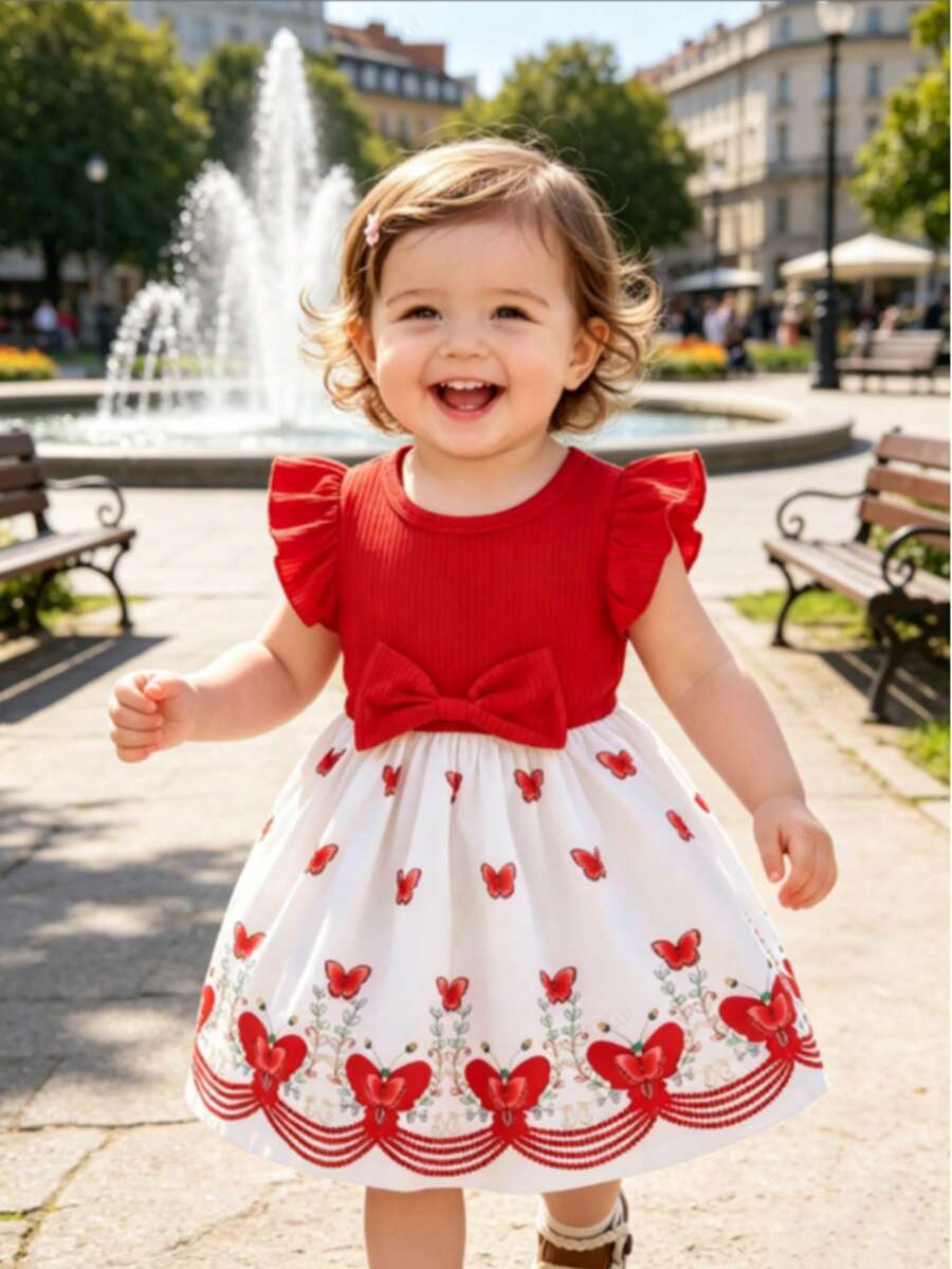 女婴夏季短袖印花拼接连衣裙,婴儿休闲蝴蝶结度假连衣裙 - 紅色 - 查看 1