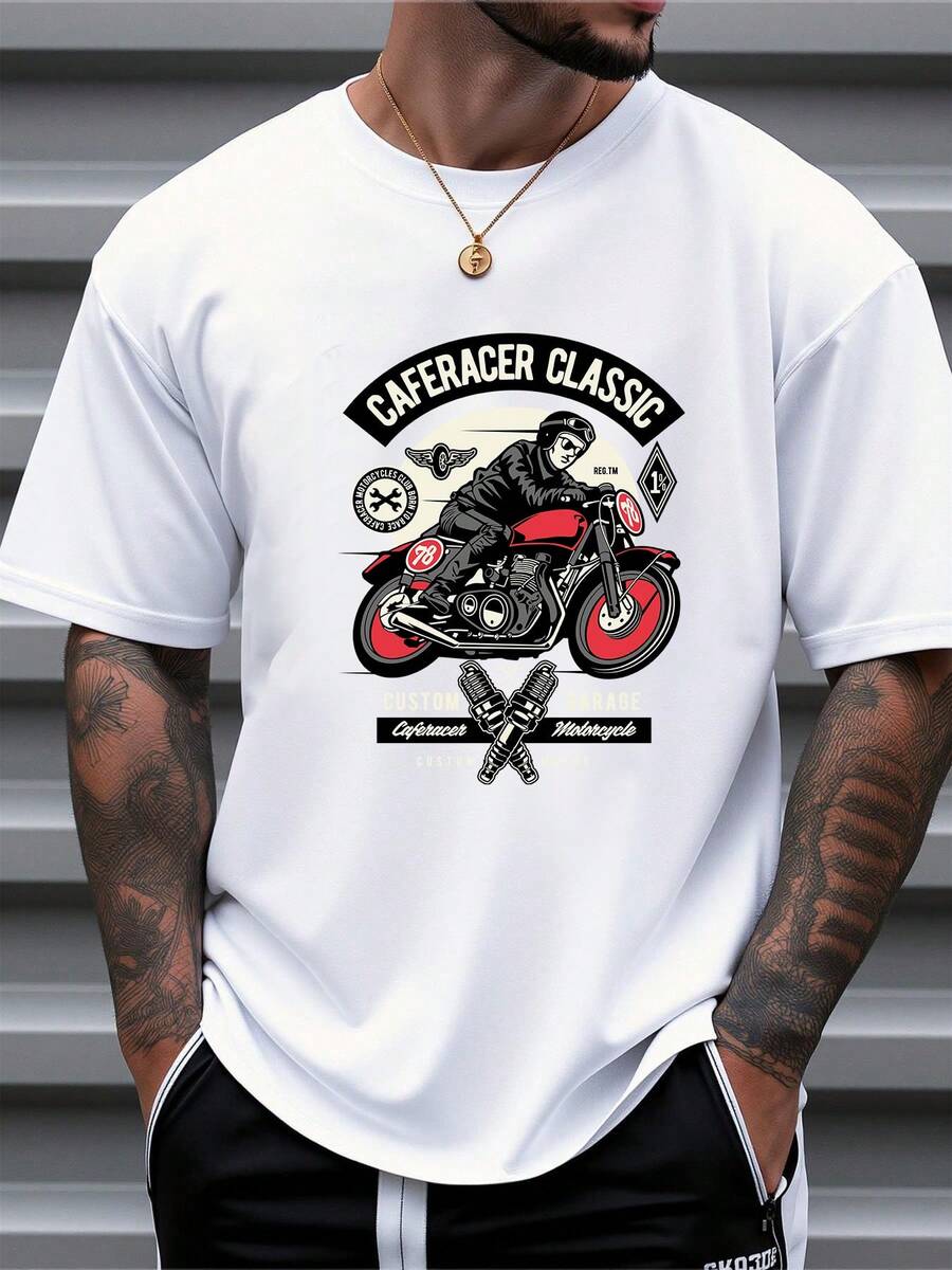 Men's Pure Cotton Short-Sleeve T-Shirt Casual Caferacer Classic Motorcycle Graphic Print Oversized Tee - White - View 1