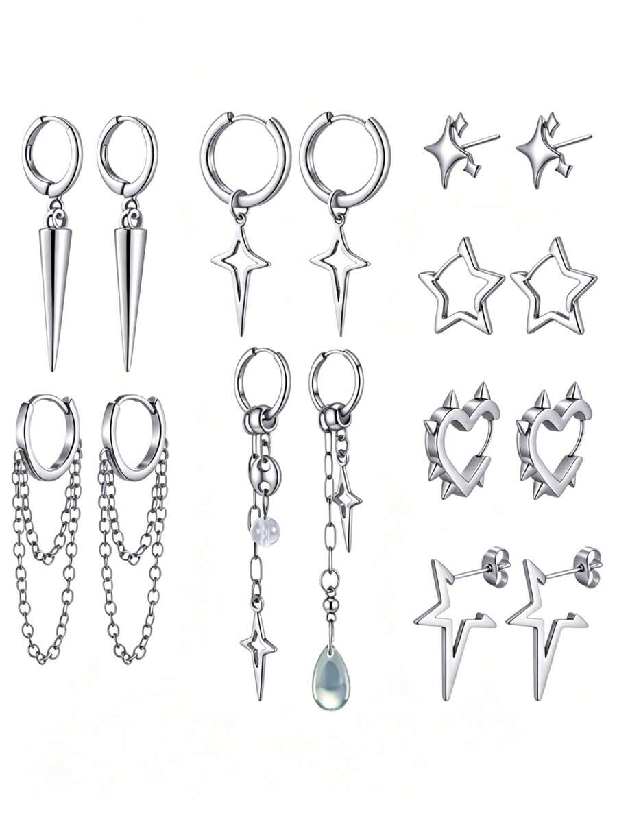 1/8 Pairs Neutral Gothic Decadent Emo Punk Y2K Korean Style Tassel Chain Water Drop Star Moon Pendant Huggie Earrings Gift - Silver - View 1