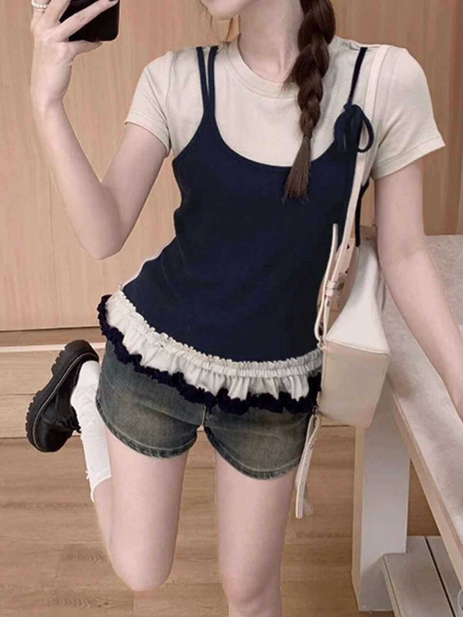 Korean-Style American Summer New Ruffle Hem 2 In 1 Short Sleeve T-Shirt, Top For Women - Navy Blue - View 1