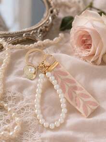 1pc Cute Pearl Keychain, Suitable For Back To School Season, Elegant Leaf Pattern Fabric Backpack Charm, Sweet Gift For Her - Baby Pink - View 2