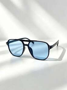 1pc Square Oversized Women's Fashion Glasses With Rivet Street Fashion Glasses Suitable For Daily Wear, Outings And Vacation - Baby Blue - View 4