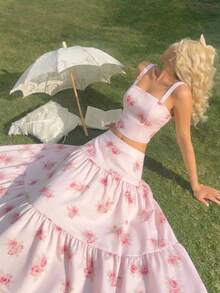 Conjunto de 2 piezas de mujer con camiseta de tirantes y falda con estampado floral ditsy, conjunto romántico para vacaciones. Conjunto de 2 piezas con estampado floral en crema, romántico - Rosa - Ver 1