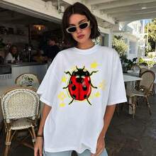 Women's Cute Ladybug Graphic Print T-Shirt, Short Sleeve Round Neck Casual Top For Everyday Style - 白色 - 查看 14
