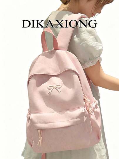 Cute Bow Embroidered Backpack For Girls, Soft Pastel Multi-Color Casual Daypack, Lightweight Nylon School Bag For Students