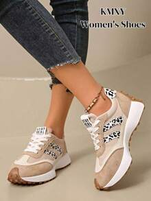 Women's Comfortable Lace-Up Sneakers - Lightweight Multifunctional Casual Shoes, Non-Slip Rubber Sole, Suitable For All Seasons - Leopard Print Beige - View 6