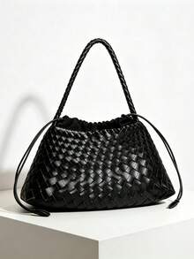 1PC New Women's Shoulder Underarm Crescent Bag, Minimalist Daily Versatile, Solid Color PU Woven Texture, Elegant High-End Quality, Rope Knot Closure Lightweight And Convenient, Suitable For Travel, Shopping, Dating, City Commute, Office And Other Occasions - Black - View 5