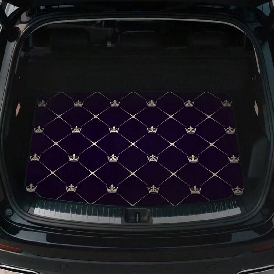 1 pieza Alfombra para maletero de coche con patrón de corona, diseño moderno & duradero, material de poliéster, fácil de limpiar, alfombra para maletero todo clima, se adapta a la mayoría de los modelos de coche, estilo interior del vehículo | Cubierta para maletero de coche. Regalo perfecto para viajes y picnics - corona - Ver 1