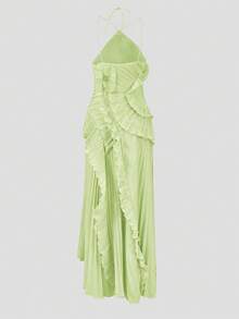 Women's Green Lightweight Halter Neck Backless Ruffle Mid-Length A-Line Dress, Sleeveless Polyester, Suitable For Party, Night Out, Date, Beach, Summer - Pastel Green - View 8