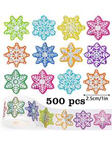 500pcs Holographic Colorful Snowflake Doodle Roll Stickers, 1 Inch, 11 Asymmetrical Cartoon Snowflake Patterns, Christmas New Year Holiday Party Decoration, Gift, Card, Wedding, Festival Party, Present, Envelope, Card DIY Decoration, Shiny Label Stickers, PVC Self-Adhesive Stickers - Laser Colored Snowflakes - View 7