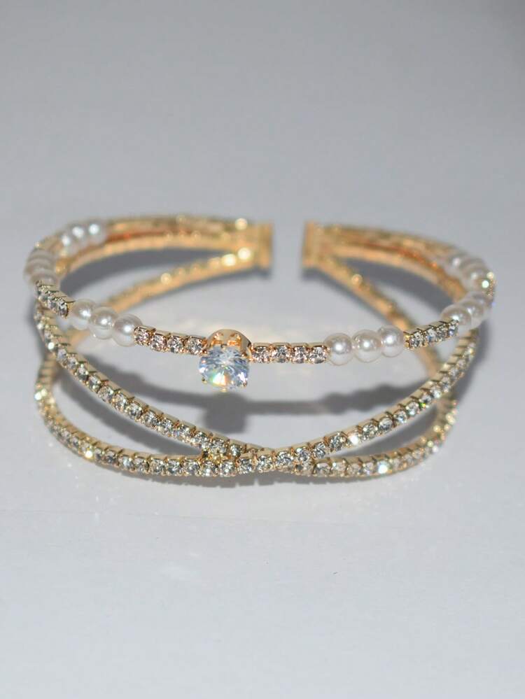 1 pieza Brazalete de puño abierto geométrico con pedrería y perlas, adecuado para el uso diario de la mujer - SL-1111-Oro - Añade 4
