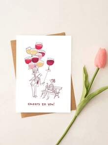 1pc Congratulations Card "Cheers To You!" With Envelope – Funny Wine Glass & Balloon Design – Blank Inside For Birthday, Success & Celebrations - A - View 7
