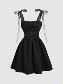 MOD Vestido de verano romántico para mujer con tira de malla blanca y plisado - Negro - Ver 1
