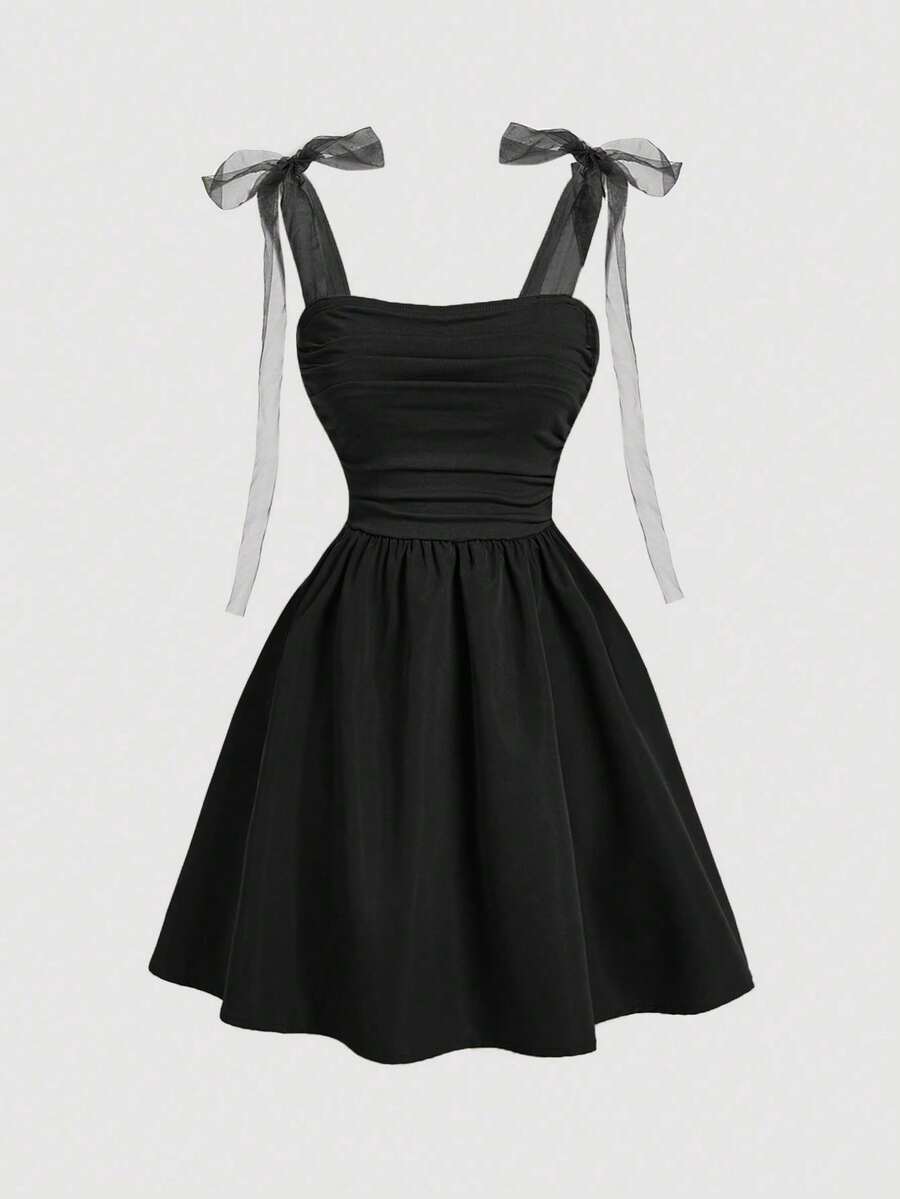 MOD Vestido de verano romántico para mujer con tira de malla blanca y plisado - Negro - Ver 1