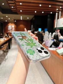 1pc St. Patrick's Day Coconut Tree & Four-Leaf Clover Print Phone Case, Transparent Foil Texture Full Coverage Shockproof Soft Shell, Fresh Vacation Style Gift Protective Cover, Compatible With IPhone17/17Pro/17ProMax/16/11/16Plus/16ProMax/16e/15ProMax/13/14/12/14ProMax/12ProMax/13ProMax/12Pro/13Pro/14Pro - Colorful Feather Yarn - View 5