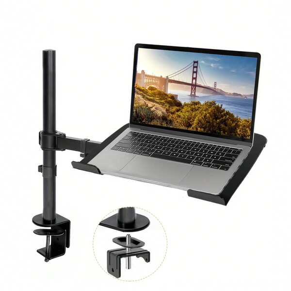 Desk Mount For Monitors And Laptops, Featuring A Ventilated Tray And A Single Arm Design, Suitable For Screens Ranging From 13 To 32 Inches And Laptops Weighing Up To 17 Inches, With A Robust Ergonomic Bracket That Supports Up To 22 Pounds