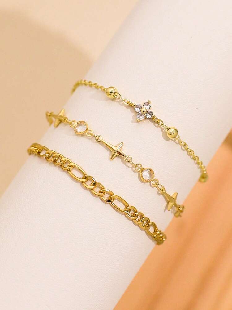 3pcs/Set Bohemian Metal Chain Cross Four Leaf Colver Anklet Set For Women Charm Ankle Bracelet Chain On Leg Boho Jewelry Gifts - Yellow Gold - View 2