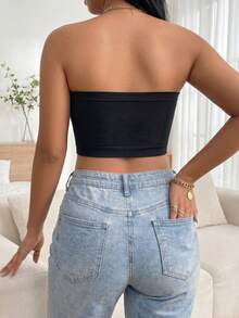 Plus Size Solid Color Seamless Ribbed Tube Top, No Lining No Padding, Casual Daily Home Wear, Versatile Layering Top, Black - Black - View 2
