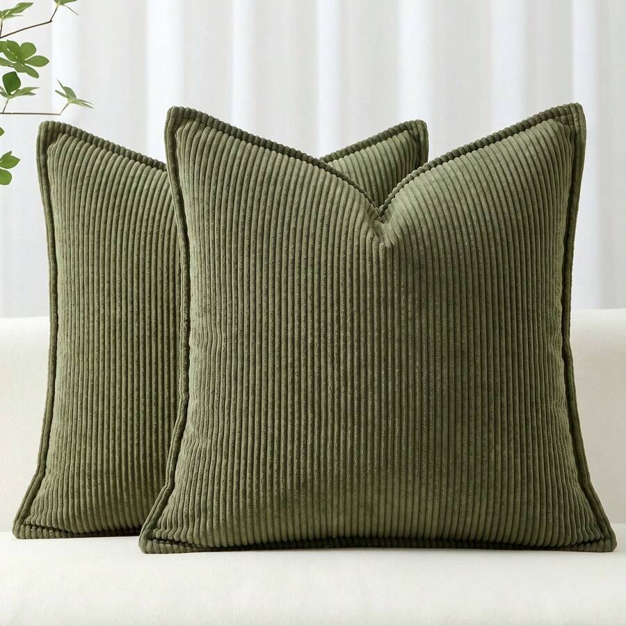 1pc(Pillow Insert Not Included) All-Season Soft Corduroy Striped Throw Pillow Cover With Zipper Closure - Green Striped, Solid Color, Ribbed Texture, Machine Washable, Suitable For Sofa And Home Decor, Sofa Pillow Cover - Dark Green - View 1
