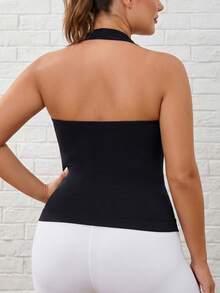 Plus Size Halter Seamless Tank Top, Backless Ribbed Crop Cami For Fall Workout, Gym & Daily Casual Wear - Black - View 2