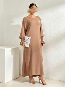 Arabian Style Women's Long Robe Dress, Solid Color Long Sleeve Plus Size Robe, Elastic Cuffs, Conservative Casual Loose Kaftan, Islamic Muslim Dubai Abaya - Multicolor - View 1