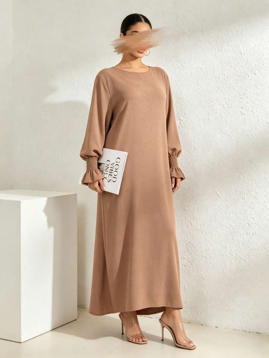 Arabian Style Women's Long Robe Dress, Solid Color Long Sleeve Plus Size Robe, Elastic Cuffs, Conservative Casual Loose Kaftan, Islamic Muslim Dubai Abaya - Multicolor - View 1