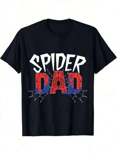 Unisex heren T-shirt met Spider-Dad print, zwart, korte mouwen, ronde hals, voor dagelijks gebruik, Vaderdagcadeau, superheldenprint, casual kleding en S
