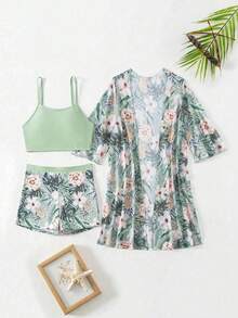3 paquetes Conjunto De Bikini Impreso Tropical De Tres Piezas Para Mujer Sujetador push up & hipster Bottom de bikini & Kimono 3 piezas Bañador,short - Rosa - Ver 8