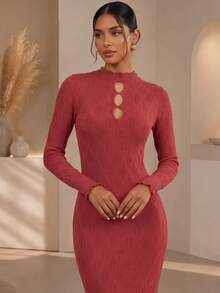 Vestido Midi Feminino Tricot Canelado Manga Longa Gola Alta Elegante - Goiaba - Visão 6