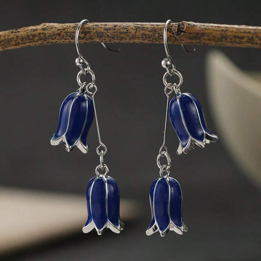 Elegantes pendientes largos de campana azul, pendientes de gancho de plata con pétalos de esmalte para mujer, joyería de boda de verano, regalo romántico para ella - Plateado - Ver 1