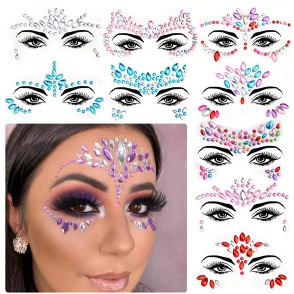 5pcs Mixed Rhinestone Face Stickers | Colorful Glitter Crystal Face Decals, 3D Self-Adhesive, Small Size, Durable Resin Material Y2K Christmas Valentine's Day Music Festival Glitter Accessories, Face, Body, Nail, Hair Jewelry Decoration, Suitable For Women's Dating Use