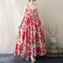 Vestido largo bohemio de algodón y lino estampado de talla grande para mujer, suelto, adelgazante, casual de verano, con tira... - 9102 verde - Ver 2