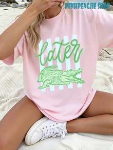 Women's Later Gator Funny Pun Cute Crocodile Casual Oversized Graphic Tee, Last Day Of School, 4th Of July, Vacation, Summer Tops, Teacher Outfits - 紅色 - 查看 1