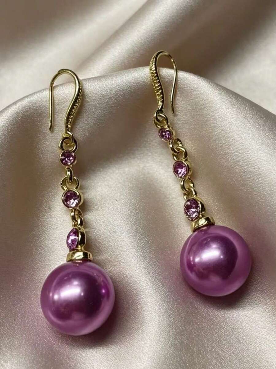 1 Pair Fashion Design Rhinestone & Pearl Long Earrings - Champagne - View 1