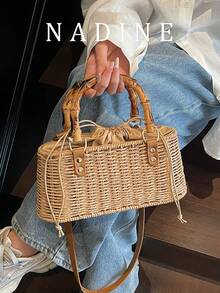 Tas Tangan Anyaman Model Baru, Tas Selempang Bahu, Tas untuk Liburan, Pantai, dan Perjalanan - Khaki - View 2