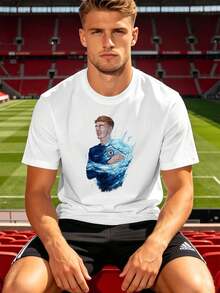 Herren-Fu?Ball-T-Shirt Mit Grafik, L?Ssiger Herbststil, PR E Mium-Baumwolle, Rundhalsausschnitt, Bequeme Passform, Komfortabel - 白色 - 查看 1