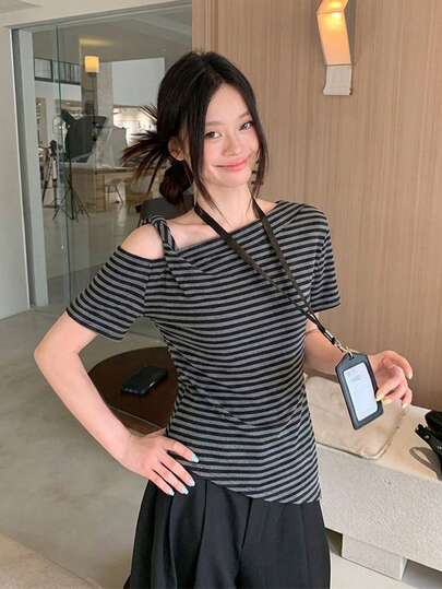 Áo thun trễ vai kẻ sọc phong cách vintage cho nữ, áo top mùa hè đa năng mặc thường ngày