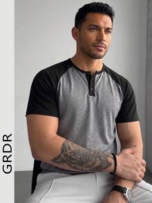GRDR Men's Summer Contrast Color Raglan Henley Neck Short Sleeve T-Shirt, American Vintage Slim Fit Versatile Button-Up Top - Black - View 11
