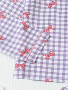 2pcs Women's Pajama Set, Simple Plaid Bow Print Long Sleeve Lapel Top And Pants Casual Sleepwear Loungewear Set - Purple - View 5
