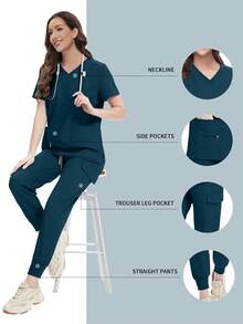 Women's Doctor/Nurse Uniform Set, Hospital Operating Room Scrubs, Beauty SPA Uniform - Teal Blue - View 2