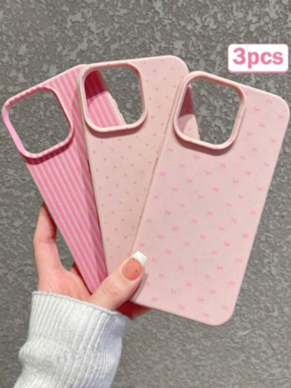 Juego de 3 fundas de teléfono de textura de cuero sintético rosa con moño/rayas/lunares, funda protectora suave al tacto y anti-caídas, diseño estético lindo y femenino, compatible con iPhone y Galaxy