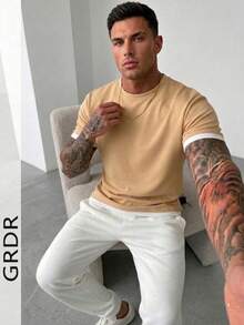 GRDR Men's Classic 2 In 1 Round Neck Short Sleeve T-Shirt, Fashionable Minimalist Commuting Versatile - Apricot - View 1