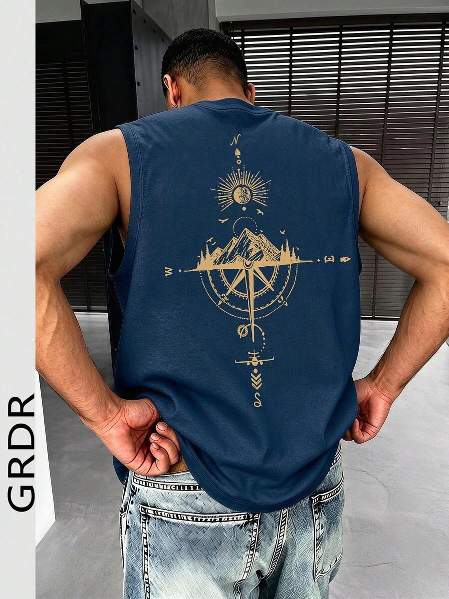GRDR 男士夏季休闲指南针和山脉印花圆领背心 - 藏蓝色 - 查看 1