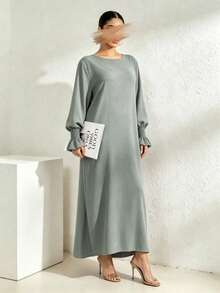 Arabian Style Women's Long Robe Dress, Solid Color Long Sleeve Plus Size Robe, Elastic Cuffs, Conservative Casual Loose Kaftan, Islamic Muslim Dubai Abaya - Multicolor - View 7