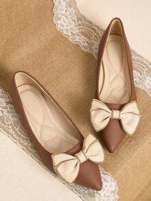 Pointed Toe Low Vamp Bow Flat Shoes, Delicate Satin Texture Soft And High-End, Versatile Shoes. - Dark Brown - View 2