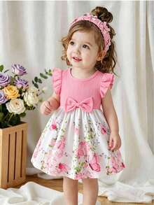 Baby Girls' Summer Cap Sleeve Printed Patchwork Dress, Toddler Casual Bow Tie Vacation Versatile Dress - Baby Pink - View 2