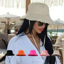1pc Women's Solid Color Dopamine Fashion Casual Hat With Rope, Frayed Edge Distressed Bucket Hat, Spring Summer Autumn Outdoor Korean Style Couple Student Minimalist UV Protection Sun Hat - Multicolor - View 8
