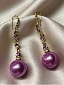 1 Pair Fashion Design Rhinestone & Pearl Long Earrings - Champagne - View 7